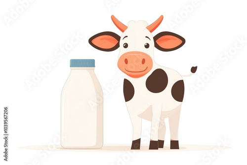 Cute cartoon cow standing next to a bottle of milk, white isolated background. photo