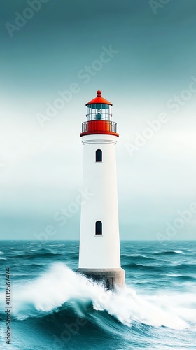 Majestic lighthouse standing tall amidst crashing waves on a serene ocean background.