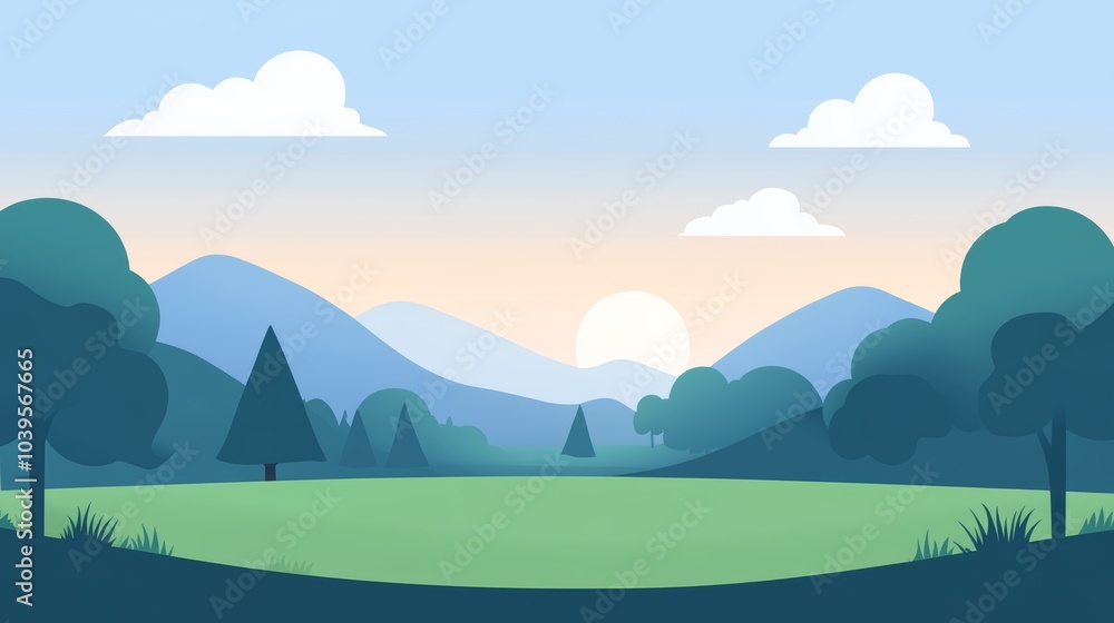 Fototapeta premium Flat Illustration of Sunrise Over a Lush Green Meadow and Mountain Range