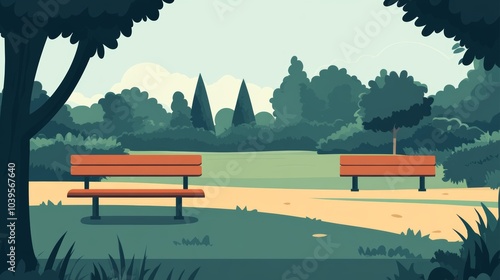 Flat Illustration of Two Benches in a Tranquil Park