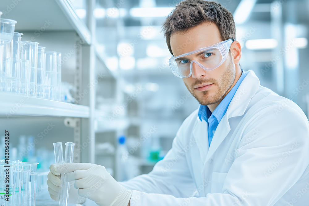 Pest Control Specialist in Protective Goggles and Lab Coat Concentrating on Lab Equipment in a Clean, Well-Lit Laboratory Environment Pest Control Specialist in Protective Goggles and Lab Coat Concentrating on Lab Equipment in a Clean, Well-Lit Laboratory Environment