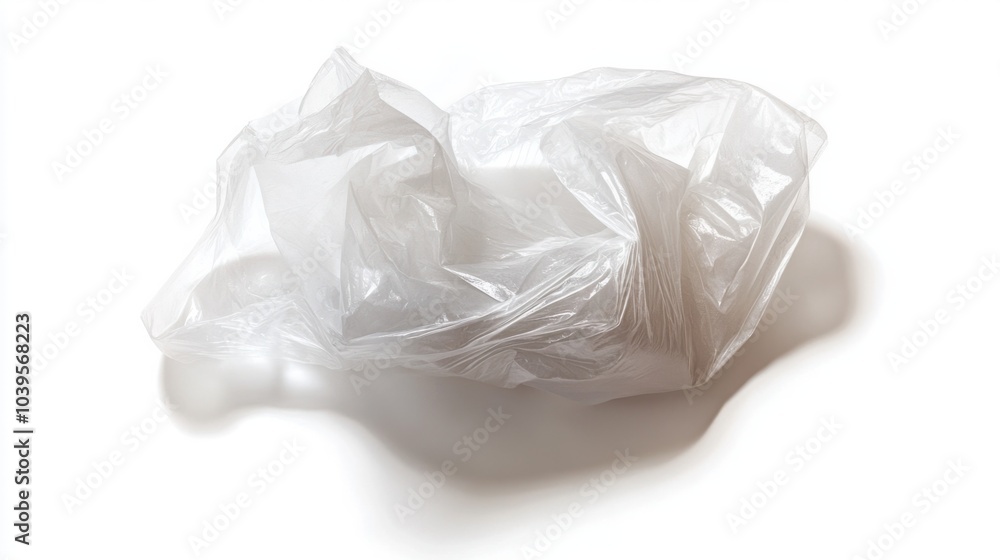 Fototapeta premium Crinkled plastic bag with soft shadows, creating a textured look, isolated on white background