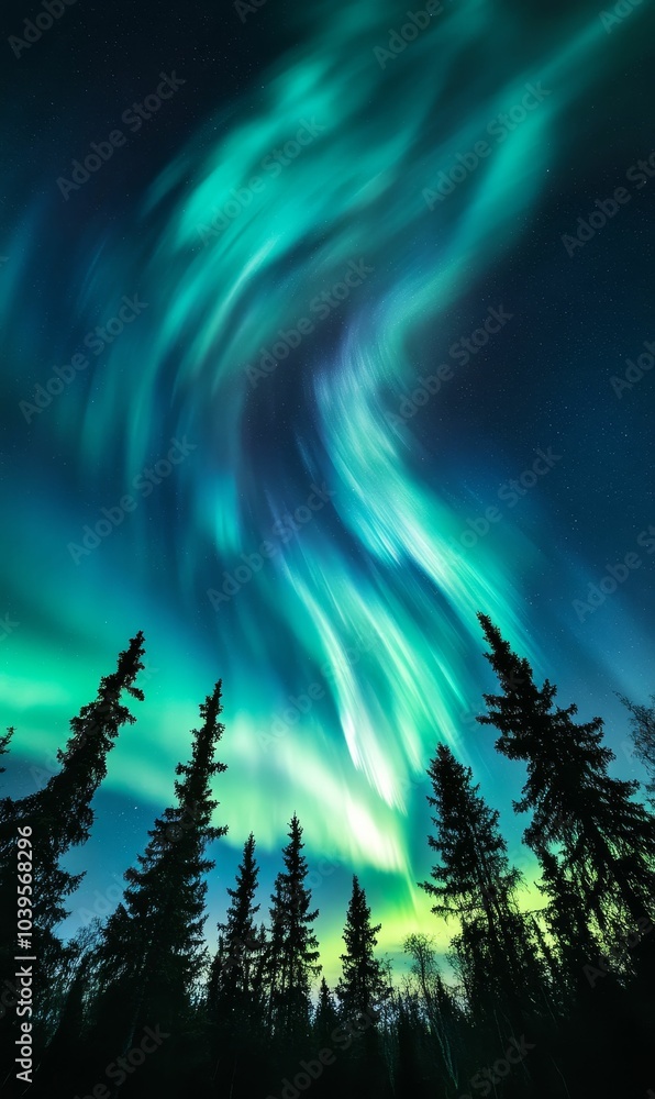 Silhouetted trees under a vibrant aurora borealis. Silhouetted trees under a vibrant aurora borealis.