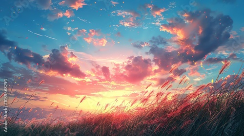 A beautiful sunset over a field of tall grass with a pink and orange sky.