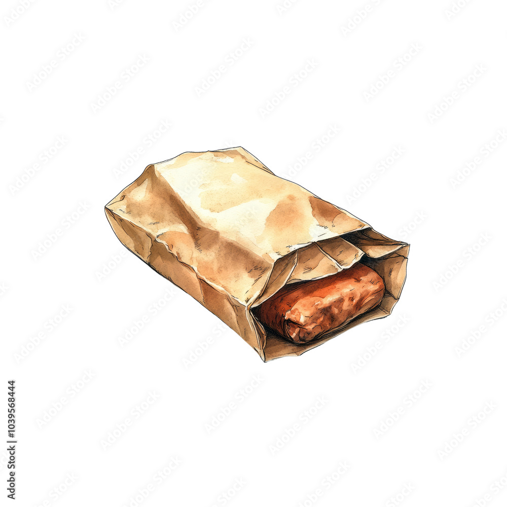 Brown Paper Bag with Food Inside Watercolor Illustration Brown Paper Bag with Food Inside Watercolor Illustration