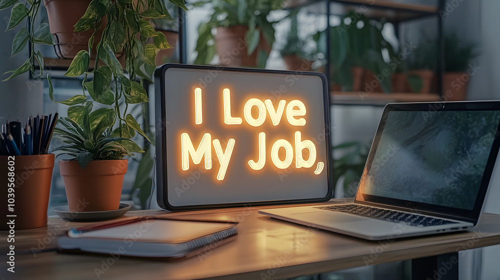 Obraz premium A cozy workspace featuring a laptop, a notebook, and a lit sign that says