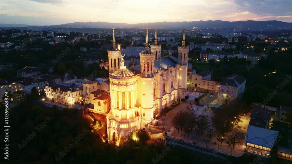 Lyon aerial view at night, basilica Notre-Dame of Fourviere in Lyon, travel in France, French city of Lyon at night Lyon aerial view at night, basilica Notre-Dame of Fourviere in Lyon, travel in France, French city of Lyon at night