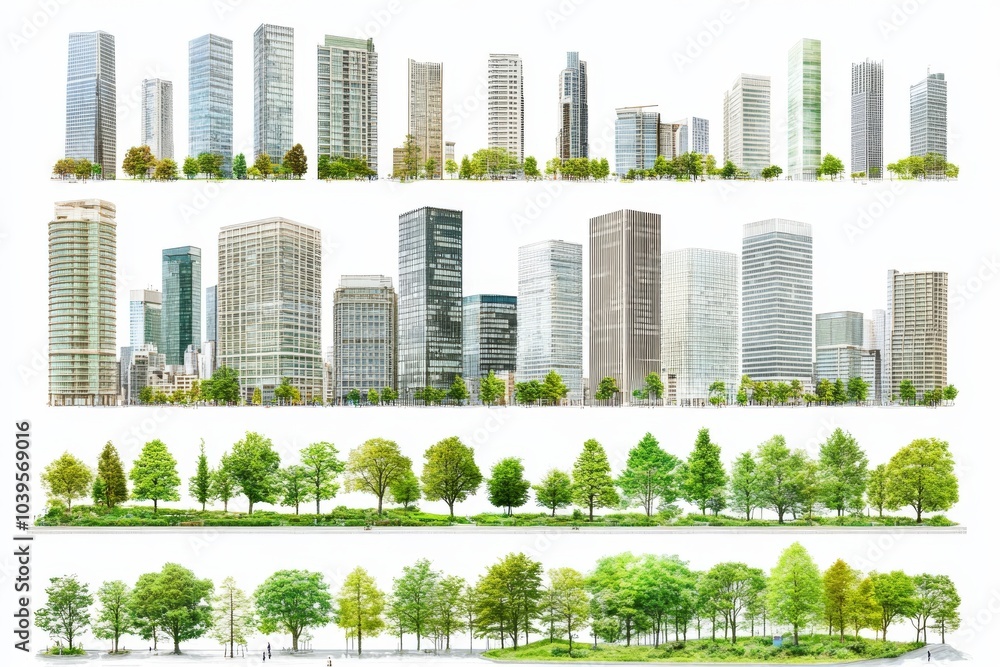 Fototapeta premium Detailed skyline of a modern city with rows of green trees symbolizing urban development sustainable cities and the integration of nature into city planning