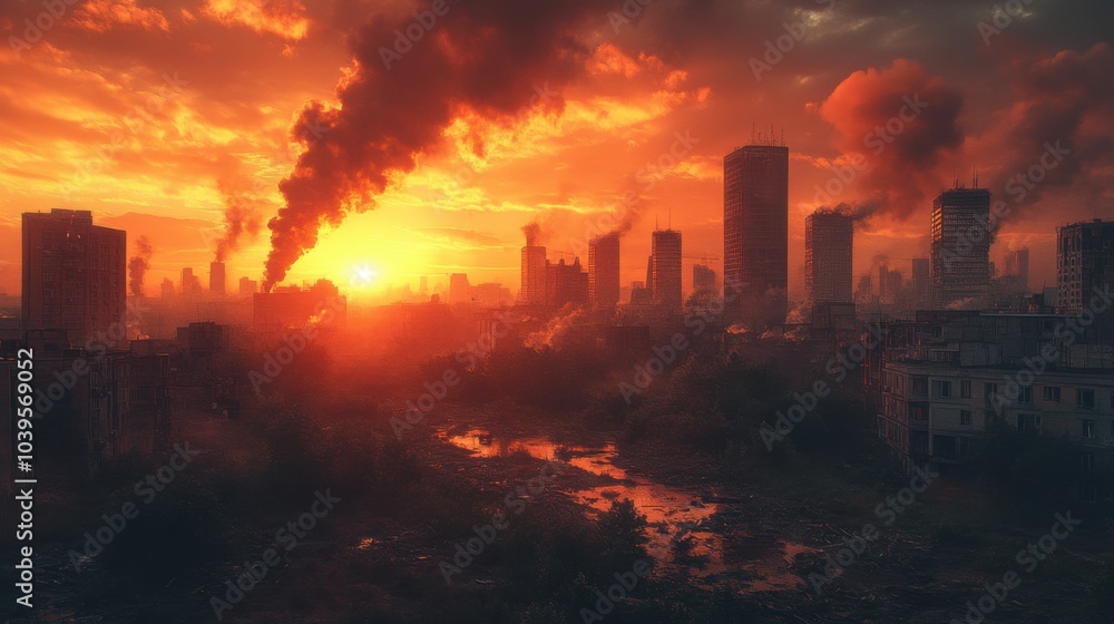 Dystopian cityscape at sunset, with smoke and decay. Dystopian cityscape at sunset, with smoke and decay.