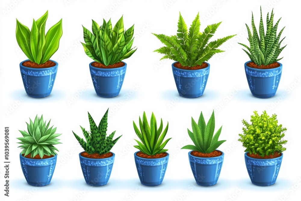 Obraz premium Colorful potted plants in blue pots arranged neatly representing modern indoor gardening plant care and home decor with a bright cheerful aesthetic