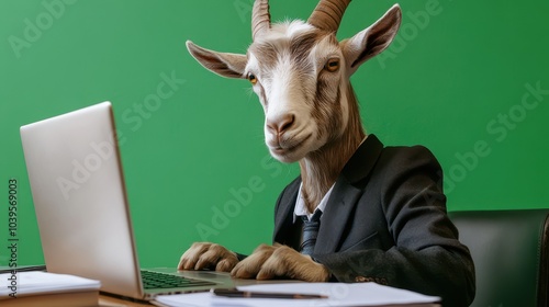 Goat in Suit Working on Laptop at Office Desk