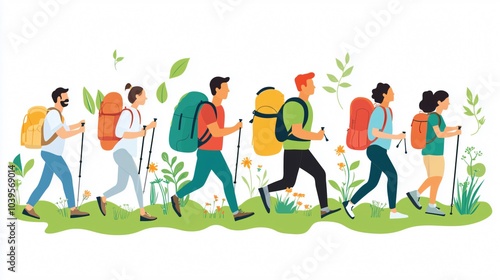 Group of friends hiking in the wild with backpacks and trekking poles