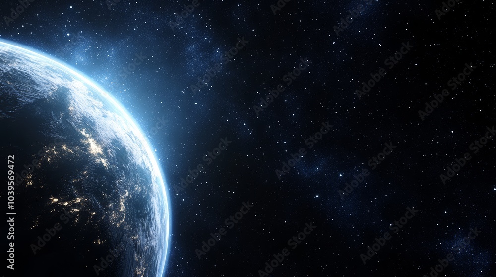 Fototapeta premium A perspective of Earth from space, with sun gracing the horizon and stars populating the night sky