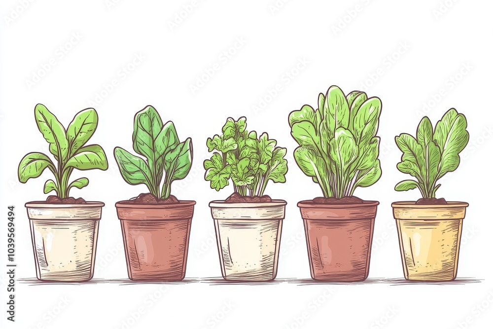 Watercolor illustration of potted plants with varying leaf shapes and textures ideal for botanical themed decor art prints or plant care guides Watercolor illustration of potted plants with varying leaf shapes and textures ideal for botanical themed decor art prints or plant care guides