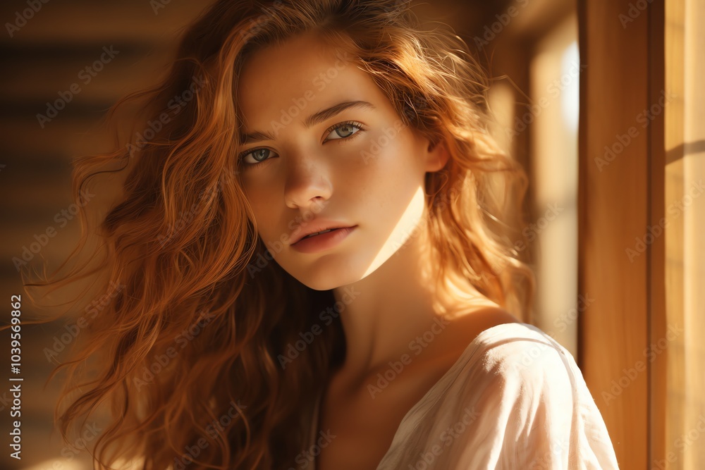 A beautiful young woman with long, curly red hair looks directly at the camera with a serious expression. The sunlight streams through the window behind her, casting a warm glow on her face. A beautiful young woman with long, curly red hair looks directly at the camera with a serious expression. The sunlight streams through the window behind her, casting a warm glow on her face.