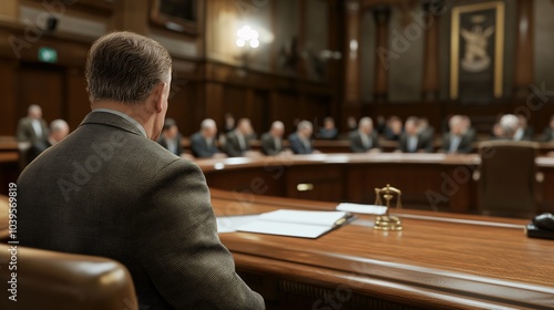 Legislative Hearing: A lone figure sits at a mahogany table in a grand legislative chamber, facing a blurred assembly. The image evokes a sense of gravity and deliberation.