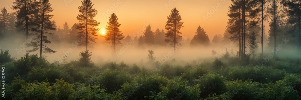 Sunrise in the misty Green forest with smoke Sunrise in the misty Green forest with smoke