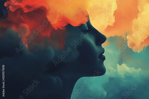 A woman's silhouette merges with fiery clouds, symbolizing the relationship between thoughts, emotions, and the dynamic nature of the mind in a surreal, abstract setting.