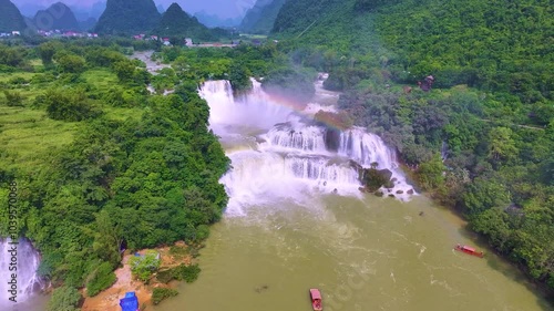 Aerial view of Ban Gioc Detian waterfall in Vietnam China border. The most beautiful and largest waterfall in Southeast Asia.