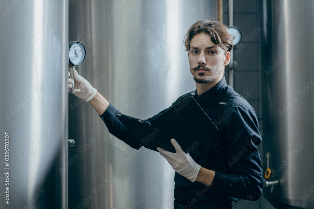 Young men inspecting parameters in brewery