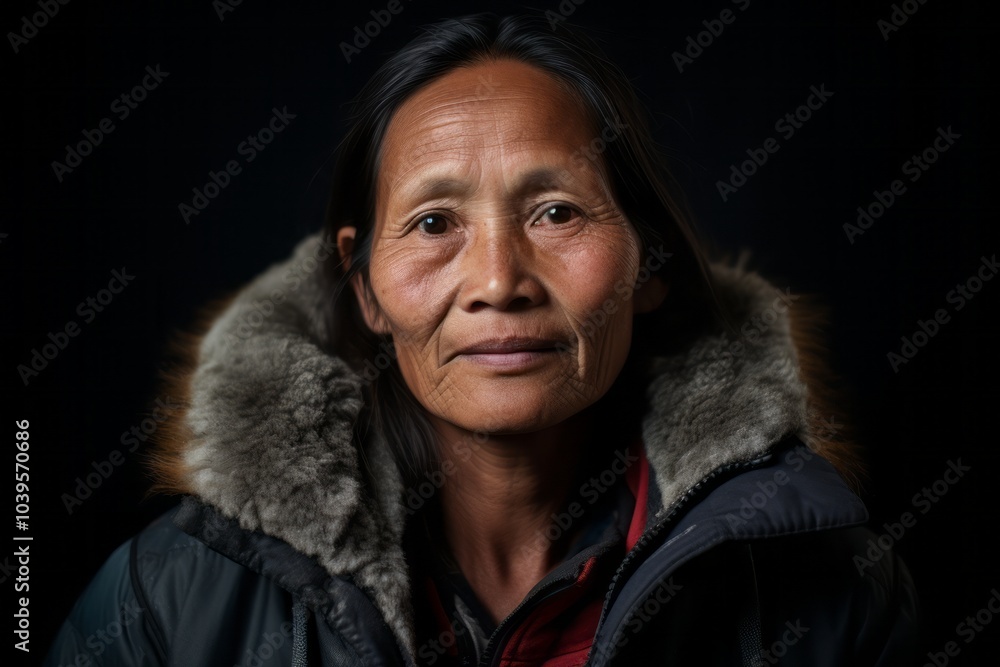 Portrait of an elderly asian woman wearing a fur coat. Portrait of an elderly asian woman wearing a fur coat.