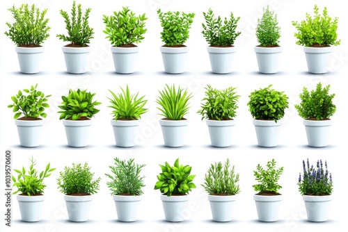 Rows of vibrant green herbs and potted plants neatly arranged in white containers symbolizing indoor gardening plant care and home decor with fresh greenery photo