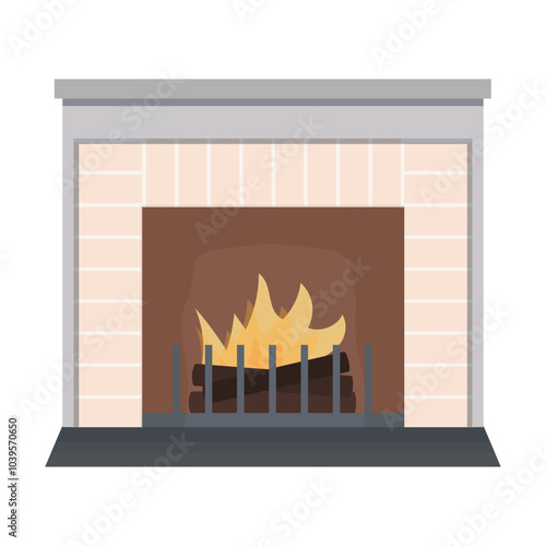 Classic fireplace with fire and burning firewood isolated on transparent and white background. Modern stove heater. Vector illustration. Close-up element for home design decoration. Home hearth.