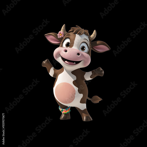 A cute cartoon cow with a flower, smiling happily in a fun, isolated farm setting