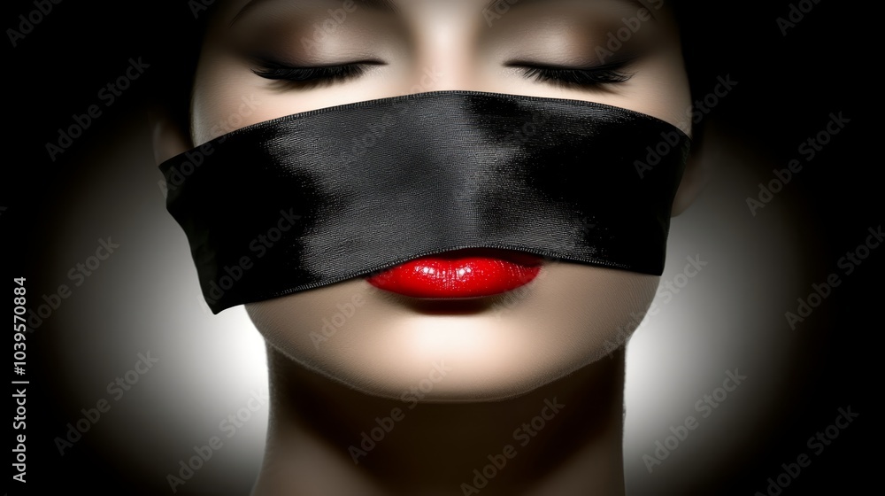 A woman with closed eyes and a blindfold over her face, holding a red lipstick to her lips A woman with closed eyes and a blindfold over her face, holding a red lipstick to her lips