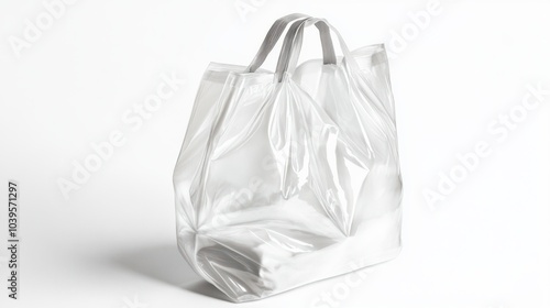 Open, empty plastic bag with handles upright, isolated on white background