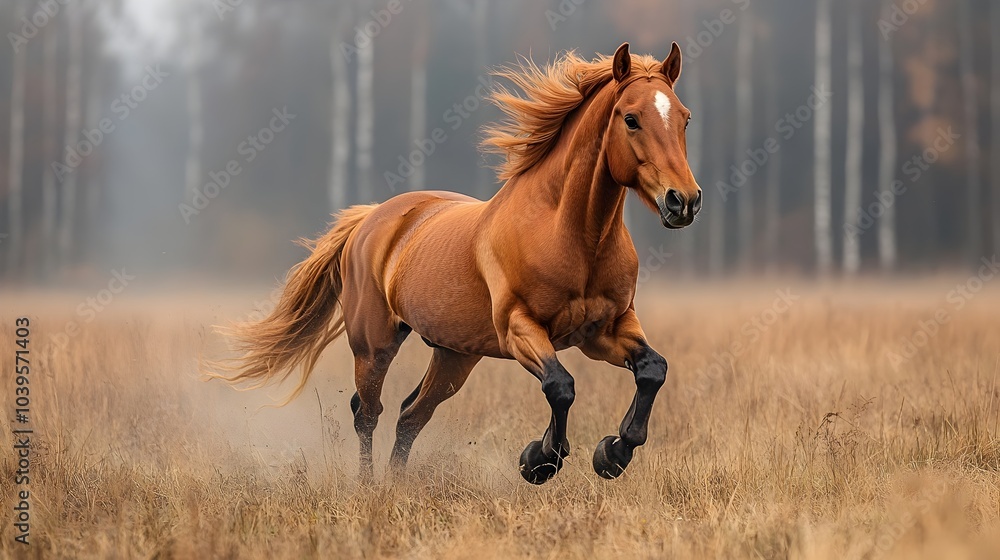 Powerful chestnut horse galloping at full speed through a misty,tranquil meadow in a serene countryside landscape. The dynamic,muscular equine moves with grace and freedom. Powerful chestnut horse galloping at full speed through a misty,tranquil meadow in a serene countryside landscape. The dynamic,muscular equine moves with grace and freedom.
