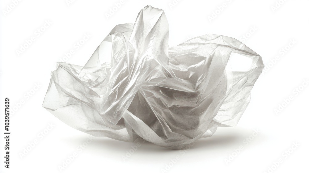 Plastic bag crumpled into a loose ball, showing texture and transparency, isolated on white background Plastic bag crumpled into a loose ball, showing texture and transparency, isolated on white background