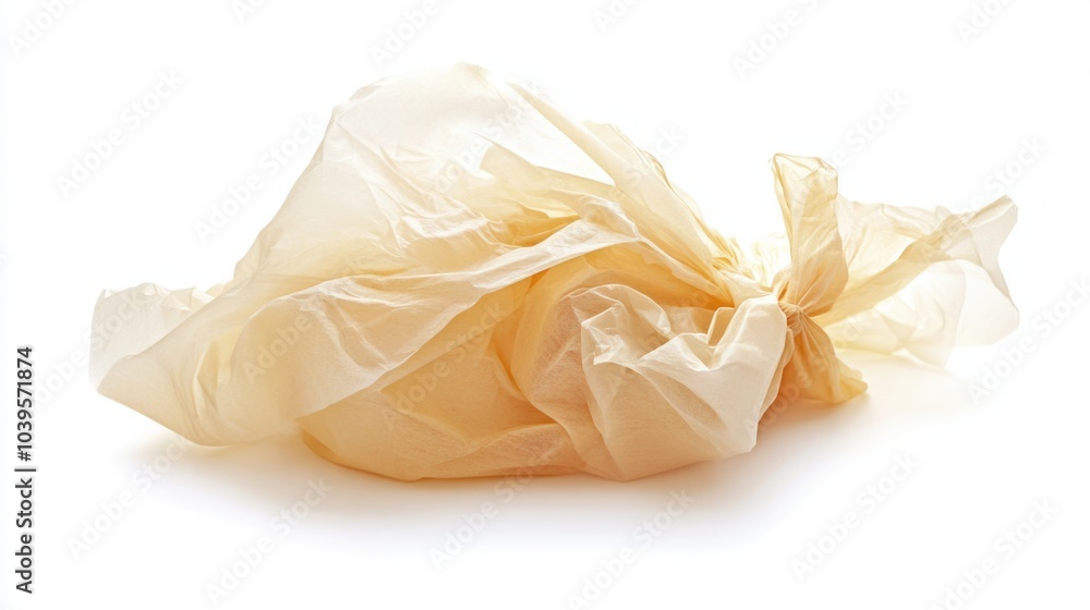 Plastic grocery bag partially crumpled, showcasing texture, isolated on white background Plastic grocery bag partially crumpled, showcasing texture, isolated on white background