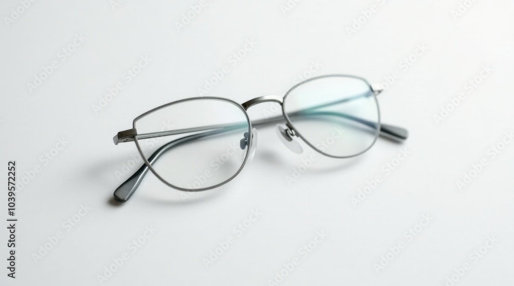 A pair of modern thin-framed eyeglasses is lying flat on a smooth matte white surface. The glasses feature sleek lines and a minimalist design, emphasizing their contemporary aesthetic. A pair of modern thin-framed eyeglasses is lying flat on a smooth matte white surface. The glasses feature sleek lines and a minimalist design, emphasizing their contemporary aesthetic.