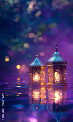 Ornate lanterns glow on water, purple background.