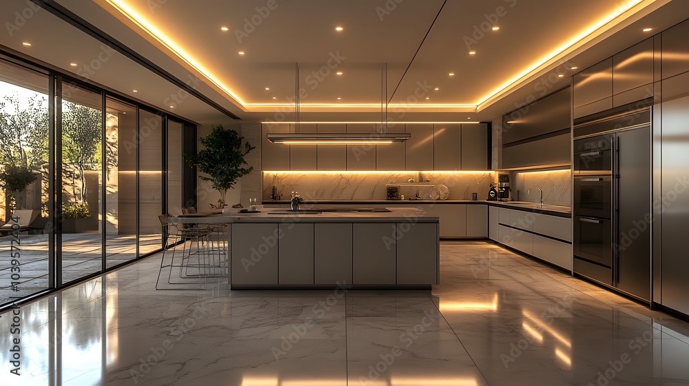 Modern Kitchen Interior Design with Sleek Cabinets, Marble Floors, and Warm Lighting. Modern Kitchen Interior Design with Sleek Cabinets, Marble Floors, and Warm Lighting.
