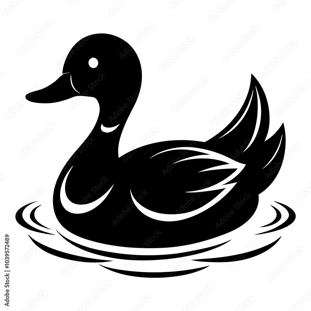 A black and white silhouette of a duck floating on the water, with its body gently bobbing and head slightly tilted, creating a serene and peaceful image. A black and white silhouette of a duck floating on the water, with its body gently bobbing and head slightly tilted, creating a serene and peaceful image.