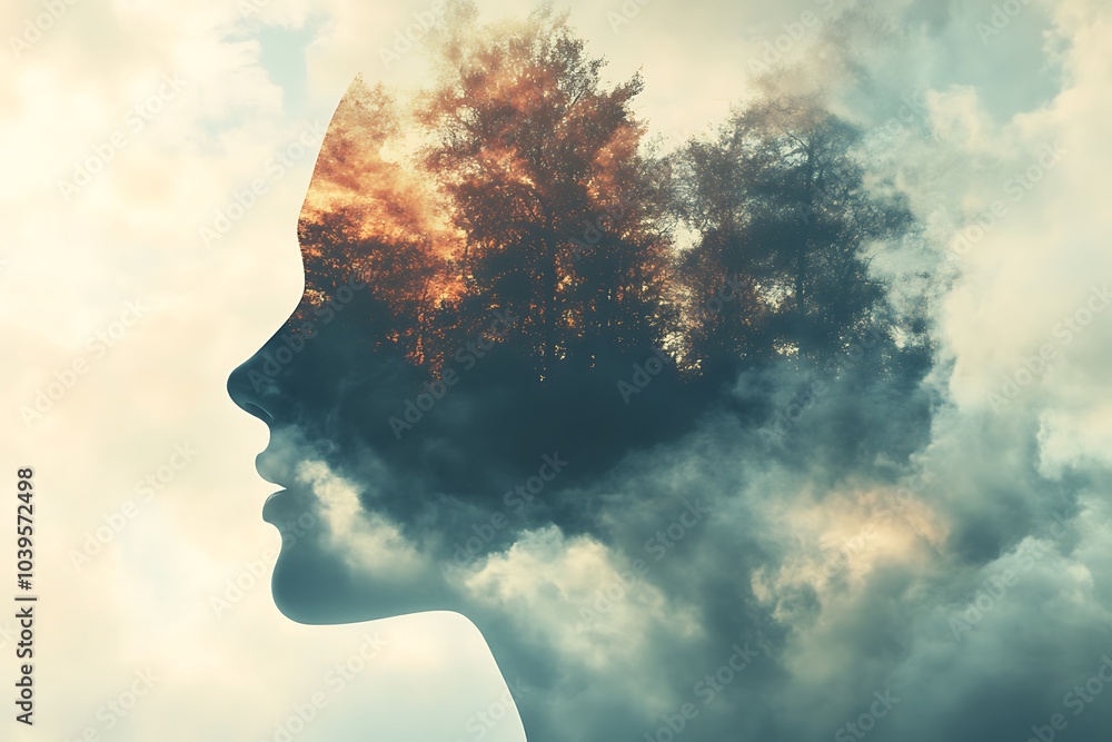 A silhouette filled with clouds and trees, symbolizing the connection between nature, thoughts, and introspection in a surreal, peaceful atmosphere. A silhouette filled with clouds and trees, symbolizing the connection between nature, thoughts, and introspection in a surreal, peaceful atmosphere.