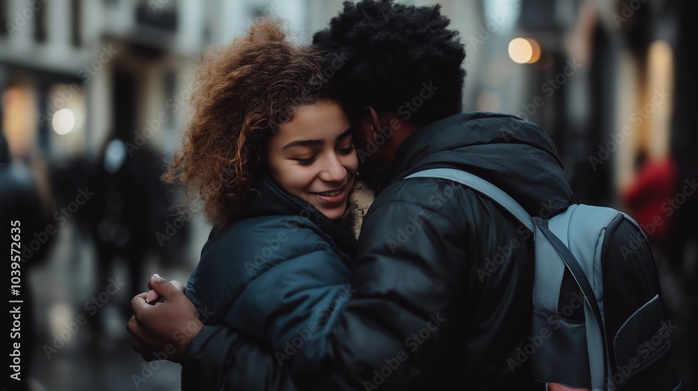 Two young people hugging each other while walking down the street Two young people hugging each other while walking down the street
