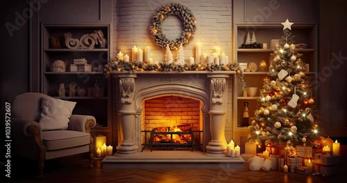 Christmas time home scene with decorated tree and fireplace. Winter seasonal 4K loop animation for advertisement.