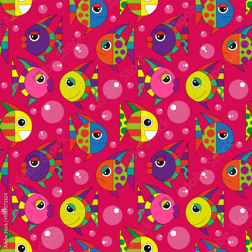 Colorful vector illustration. Geometric abstract with various face expressions fish on bright background. Seamless pattern.