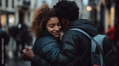 Two young people hugging each other while walking down the street