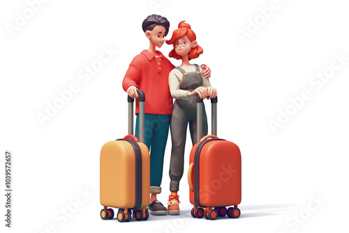 Сute kawaii young asian married couple goes on summer vacation to travel abroad. Two people in colorful fashion casual red blue gray clothes, orange yellow suitcases. 3d render isolated white backdrop