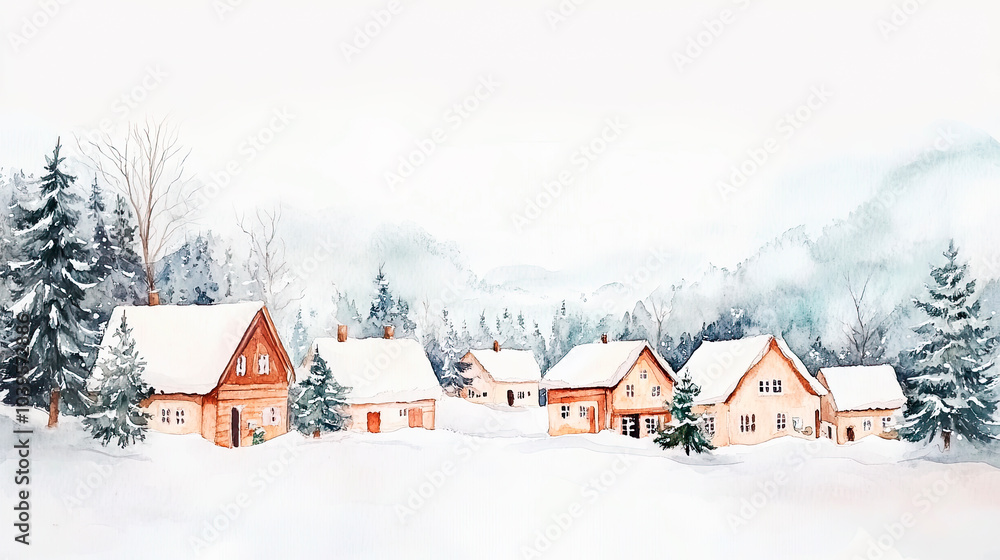 Christmas town border, european houses street with falling snow. Winter city scene, seamless water color illustration for greeting card design. Christmas town border, european houses street with falling snow. Winter city scene, seamless water color illustration for greeting card design.