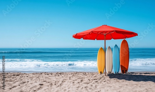 Four colorful surfboards leaning against each other under a red beach umbrella on a sandy beach with blue ocean and waves in the background.