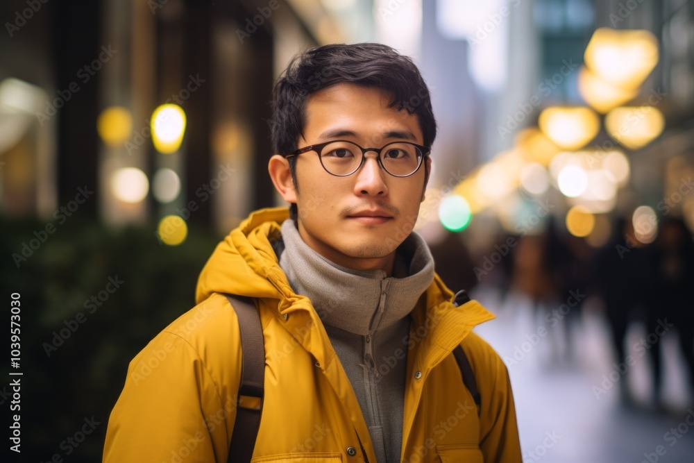 Portrait of a handsome young Asian man in a yellow jacket and eyeglasses Portrait of a handsome young Asian man in a yellow jacket and eyeglasses
