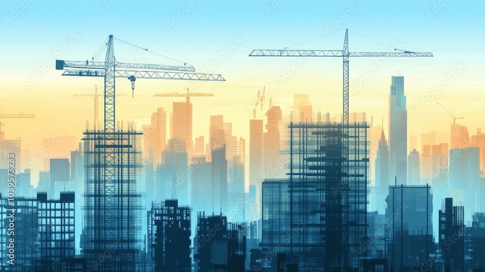 Skyscraper construction with a backdrop of city skyline, illustrating urban development projects. Skyscraper construction with a backdrop of city skyline, illustrating urban development projects.