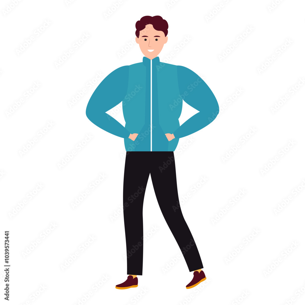 Vector illustration of a man in a blue jacket and black pants, standing with hands in pockets, smiling confidently.