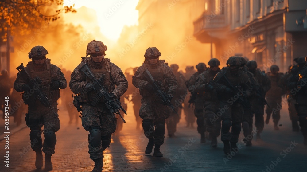 A group of soldiers are marching down a street A group of soldiers are marching down a street
