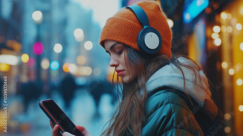 woman keep her phone and watch videos in city street, headphones woman keep her phone and watch videos in city street, headphones